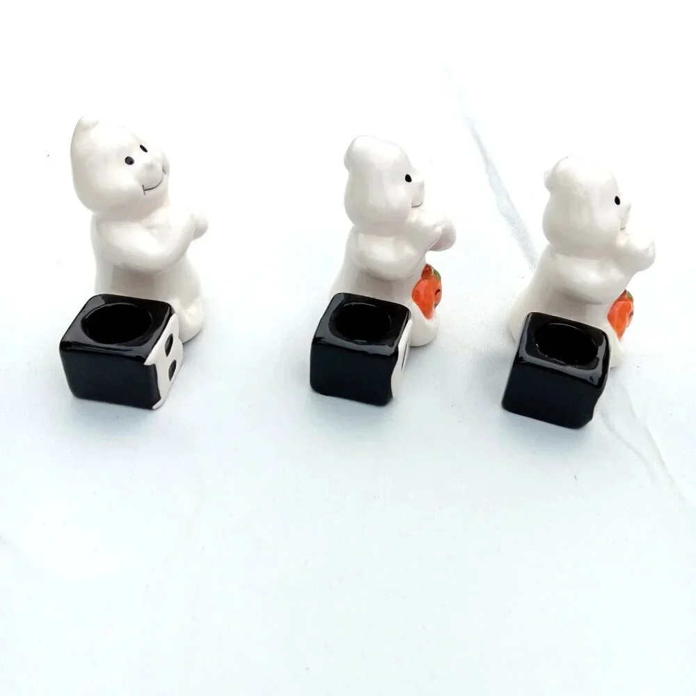 VTG 90s Halloween Candle Holders BOO Ghosts Ceramic Retro Fall Decor Set‎ Lot of